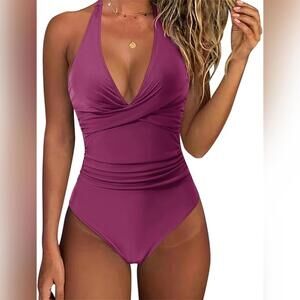 NWT SUUKSESS Women's Tummy Control Halter Push Up One Piece Swimsuit, Large